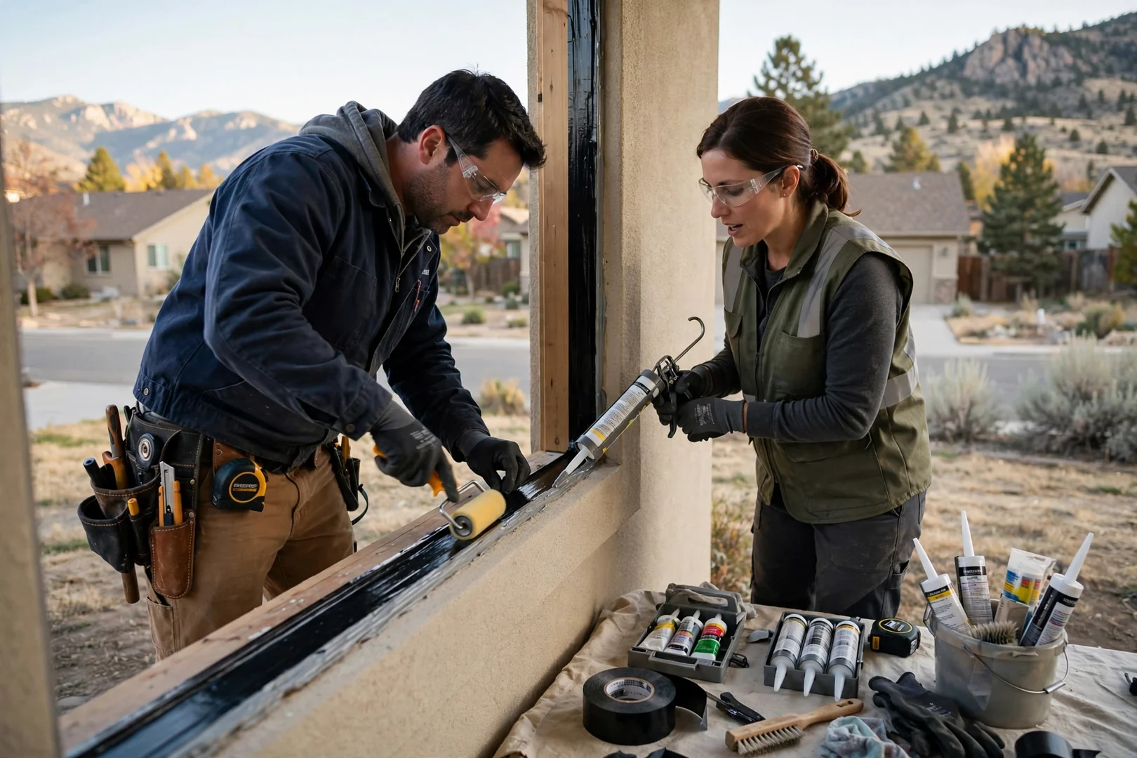 Crew applying flashing tape and sealant along a prepared window sill