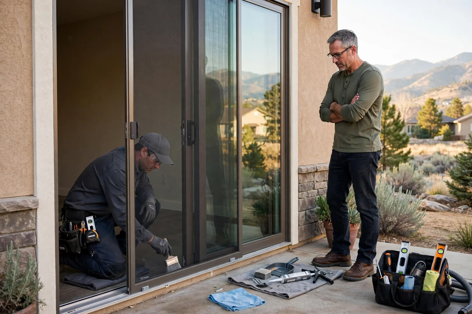 New sliding glass door installed on a residential patio with clean track and screen