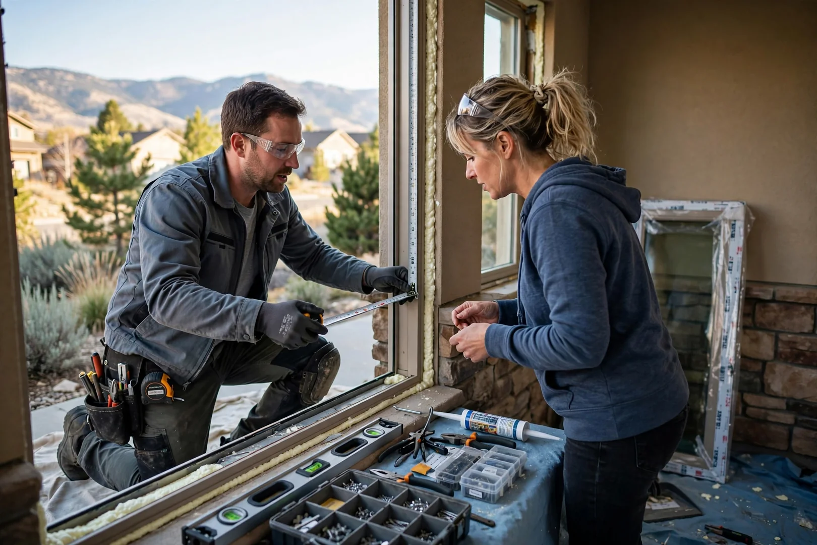 Installer checking rough opening measurements before setting a replacement window in a Sandy home