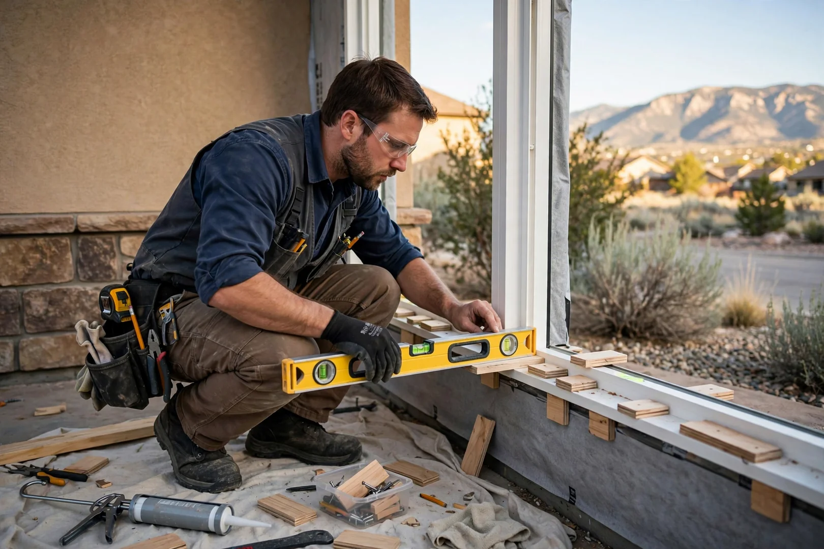 Installer checking level and shim placement on a newly set window frame