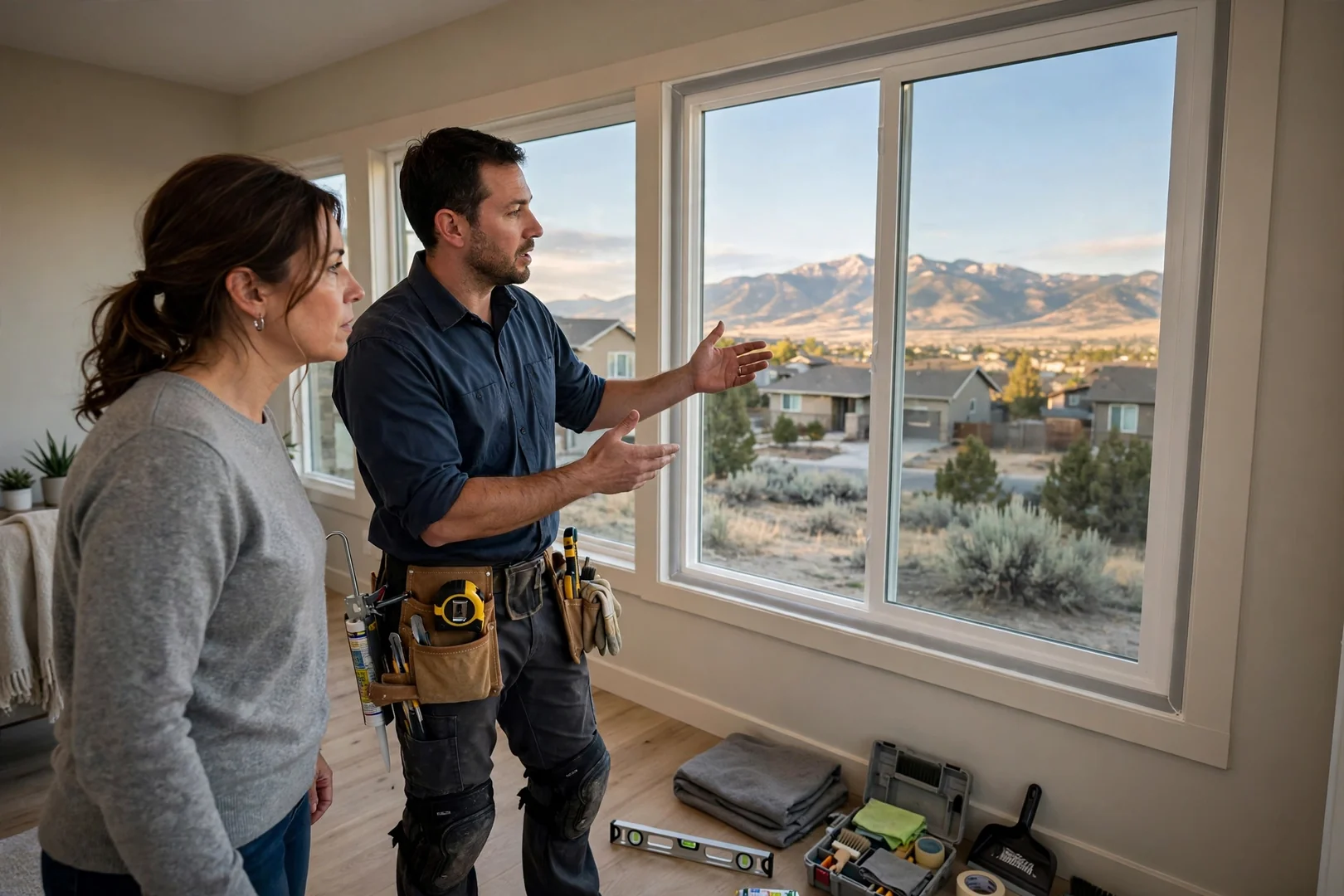 Homeowner reviewing completed window installation during a post-job walkthrough