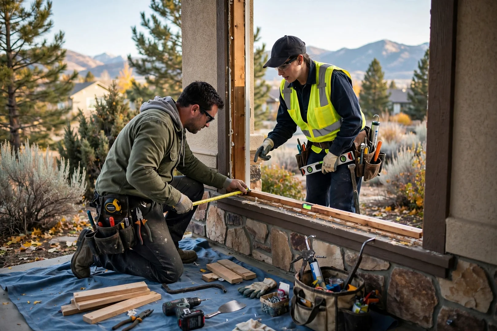 Crew member testing sash operation on a newly installed casement window